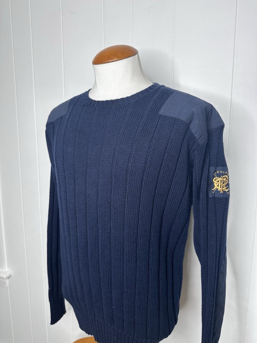 Vintage Polo Ralph Lauren Navy Scribble Logo Commando Sweater Military - Mens M